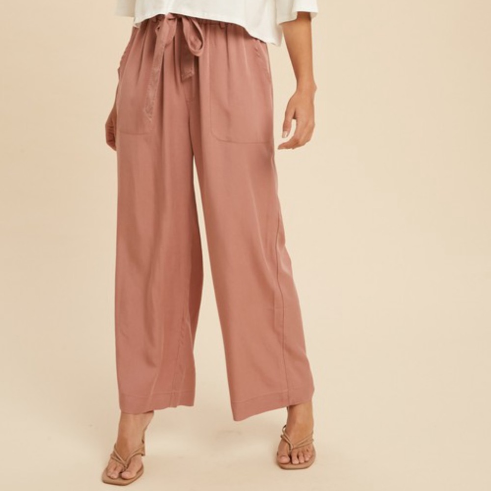 In Loom Washed Wide Leg Pants Pink Belted